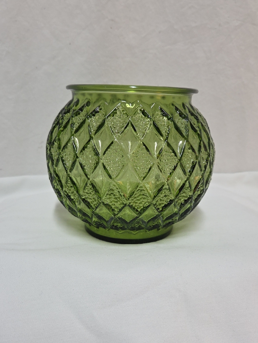 Vintage Avocado Green Glass Bowl Featuring Harlequin Pattern, MCM